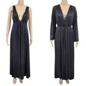 Lorraine Vintage Maxi Length Black Slip Dress Nightgown and Peignoir Robe Lace